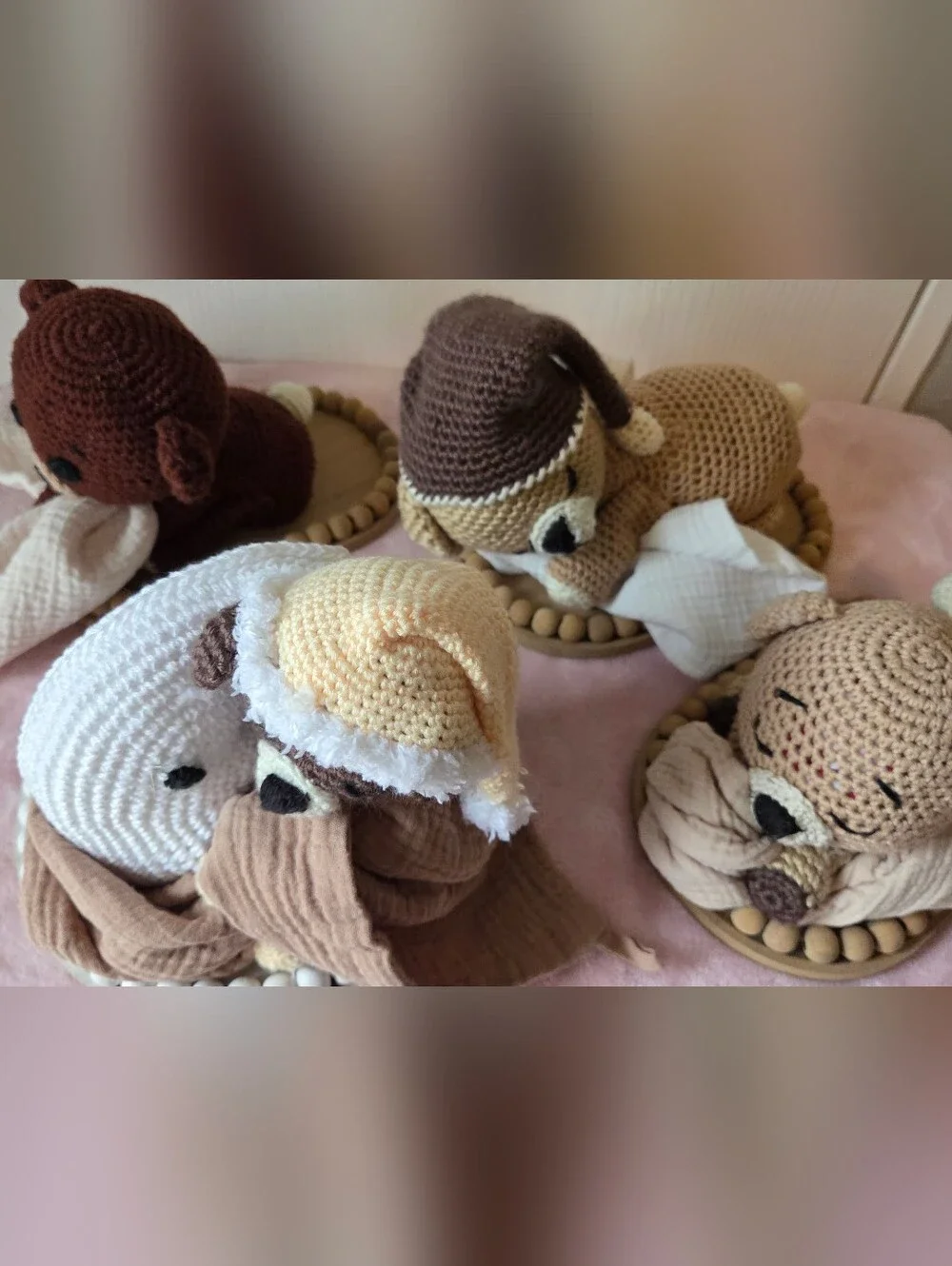 Handmade Baby Shower Centerpiece Crochet Sleeping Brown Bears with Blankets